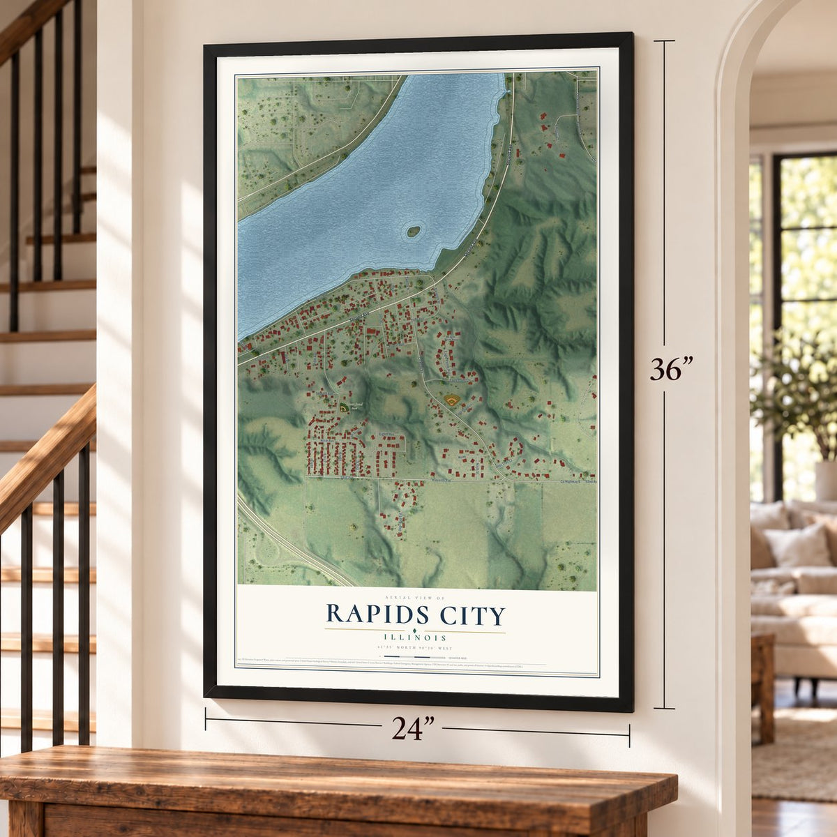 Rapids City, Illinois map, 24 x 36 inch print in a black frame by a staircase