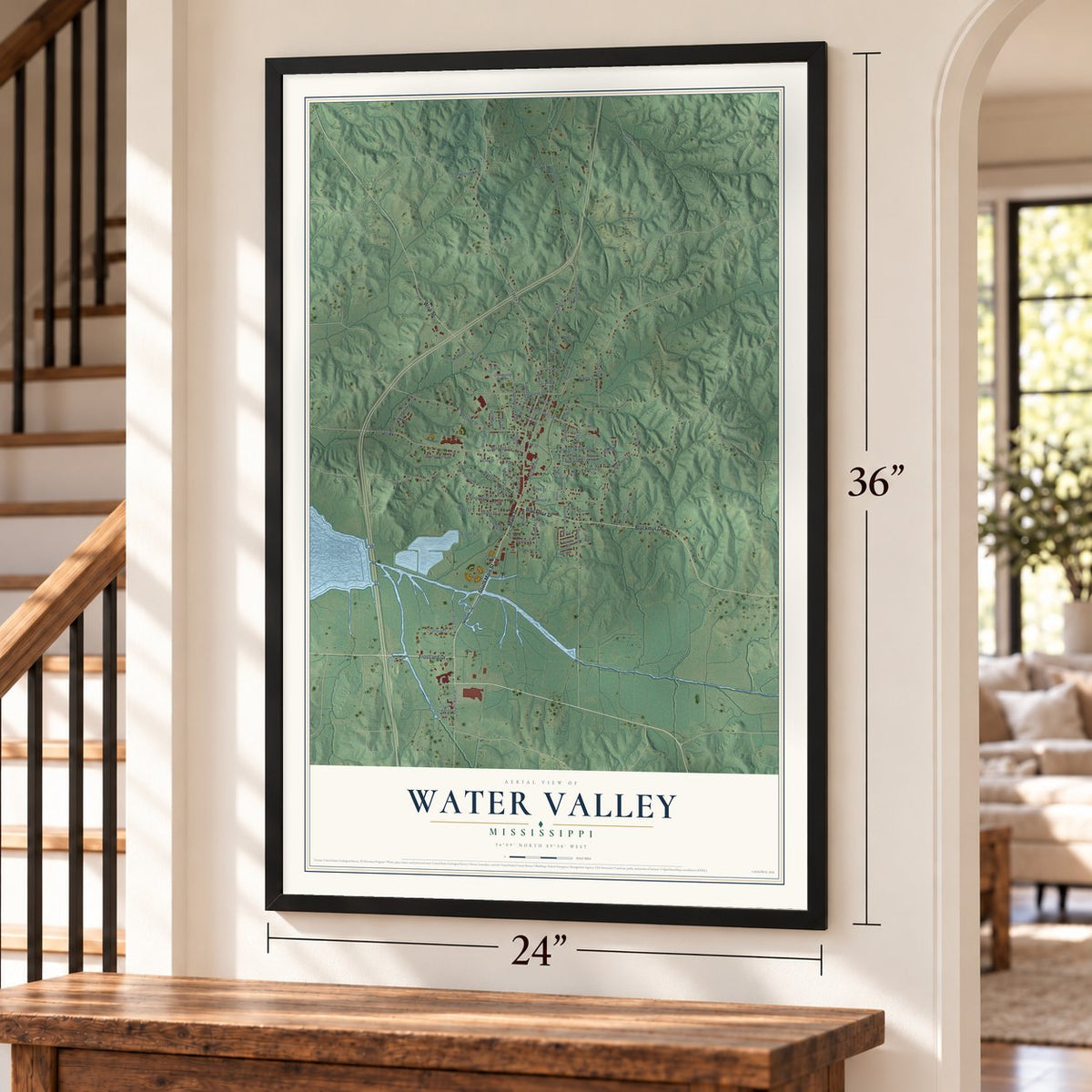 Water Valley, Mississippi map, 24 x 36 inch print in a black frame by a staircase