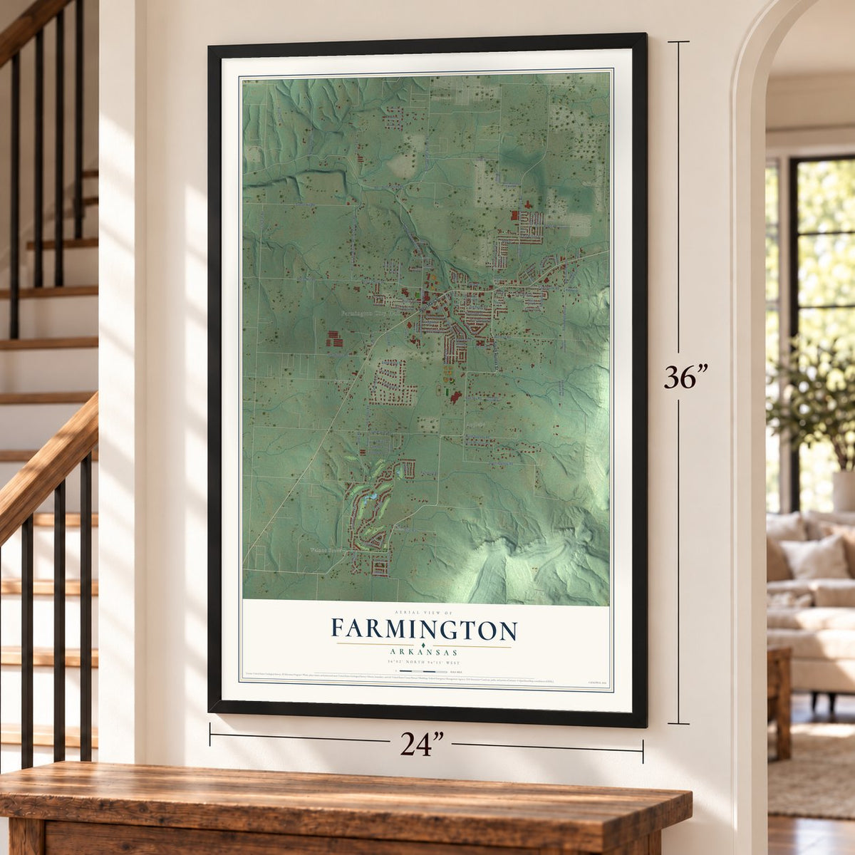 Farmington, Arkansas map, 24 x 36 inch print in a black frame by a staircase
