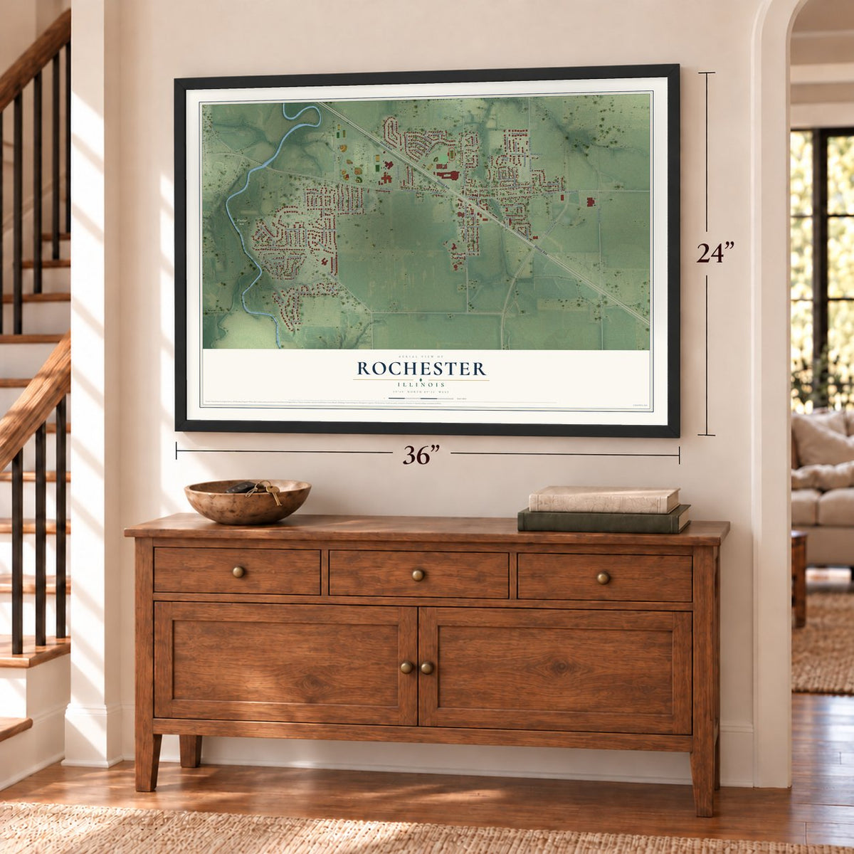 Rochester, Illinois map, 24 x 36 inch print in a black frame above a dresser by a staircase
