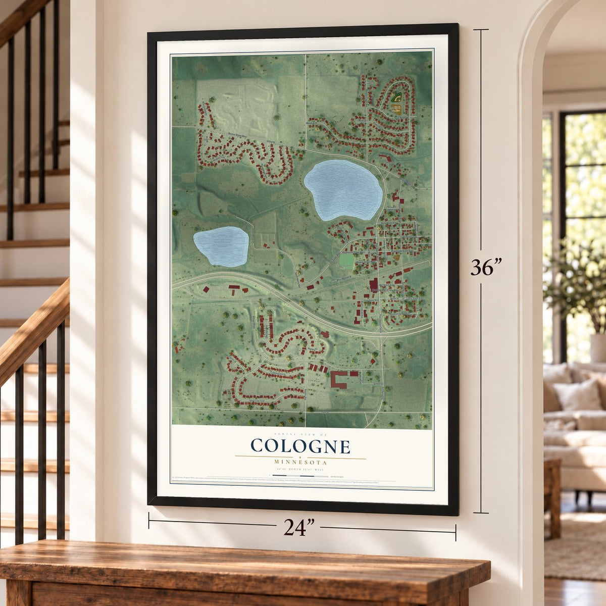 Cologne, Minnesota map, 24 x 36 inch print in a black frame by a staircase