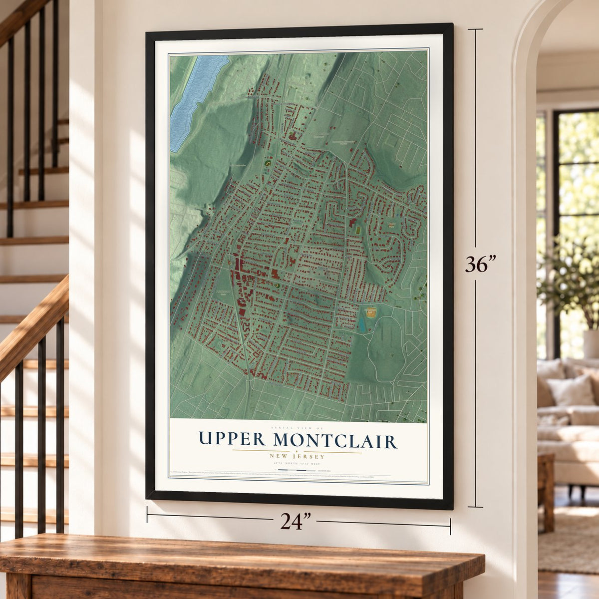 Upper Montclair, New Jersey map, 24 x 36 inch print in a black frame by a staircase
