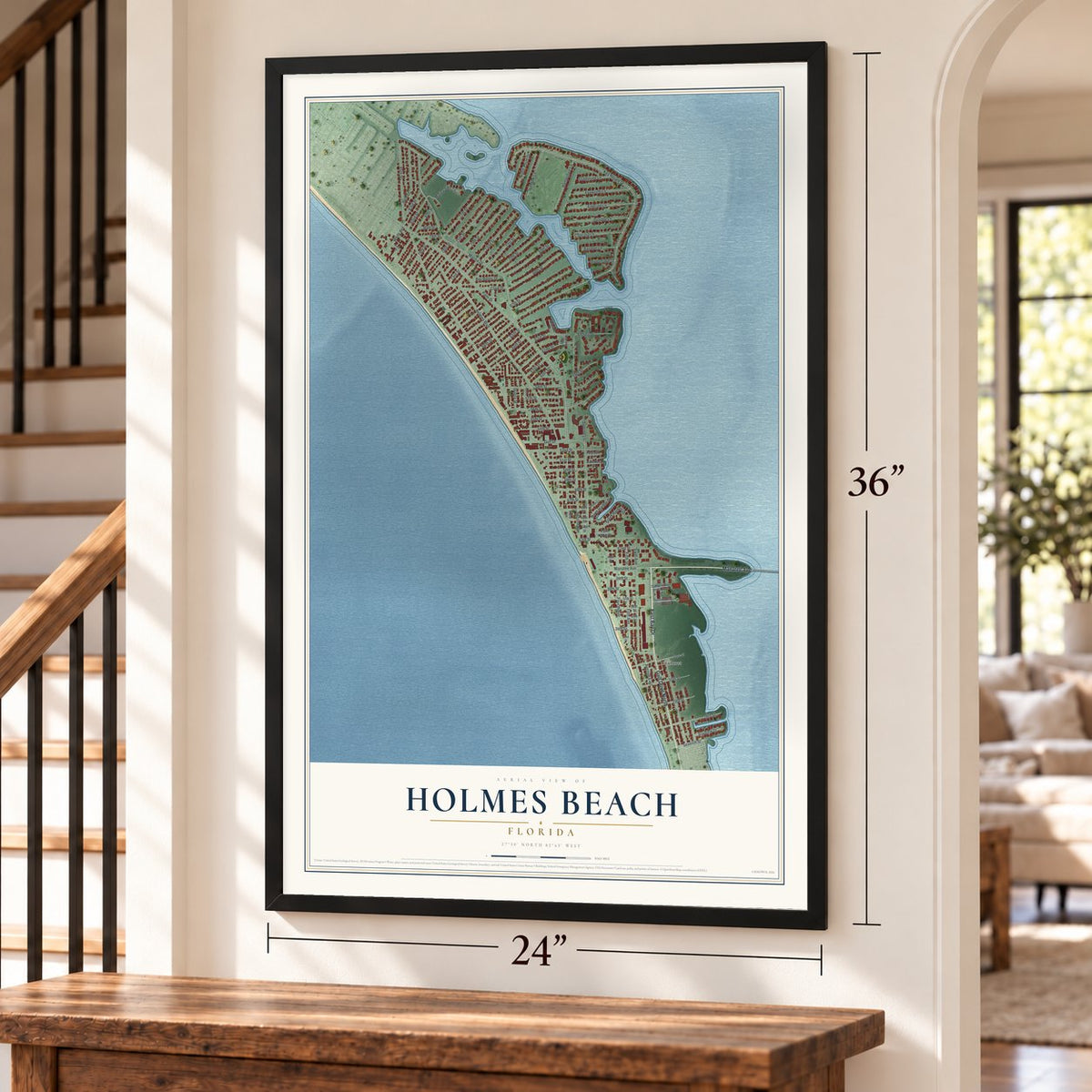 Holmes Beach, Florida map, 24 x 36 inch print in a black frame by a staircase