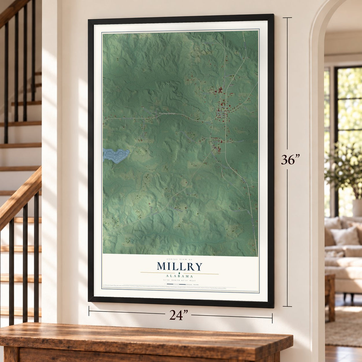 Millry, Alabama map, 24 x 36 inch print in a black frame by a staircase