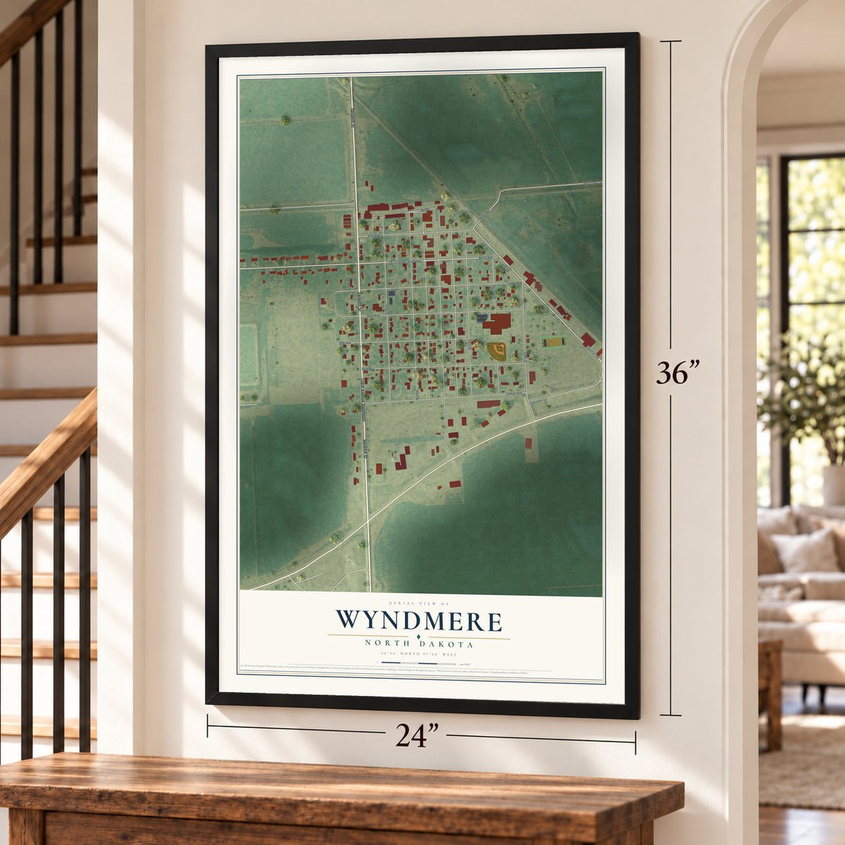 Wyndmere, North Dakota map, 24 x 36 inch print in a black frame by a staircase
