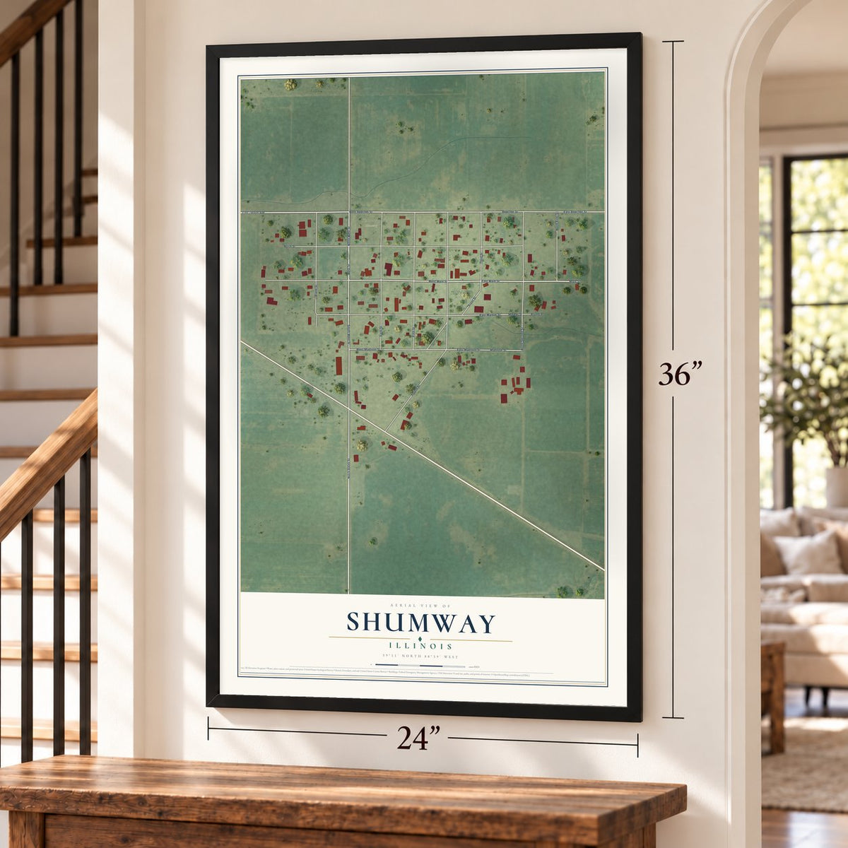Shumway, Illinois map, 24 x 36 inch print in a black frame by a staircase