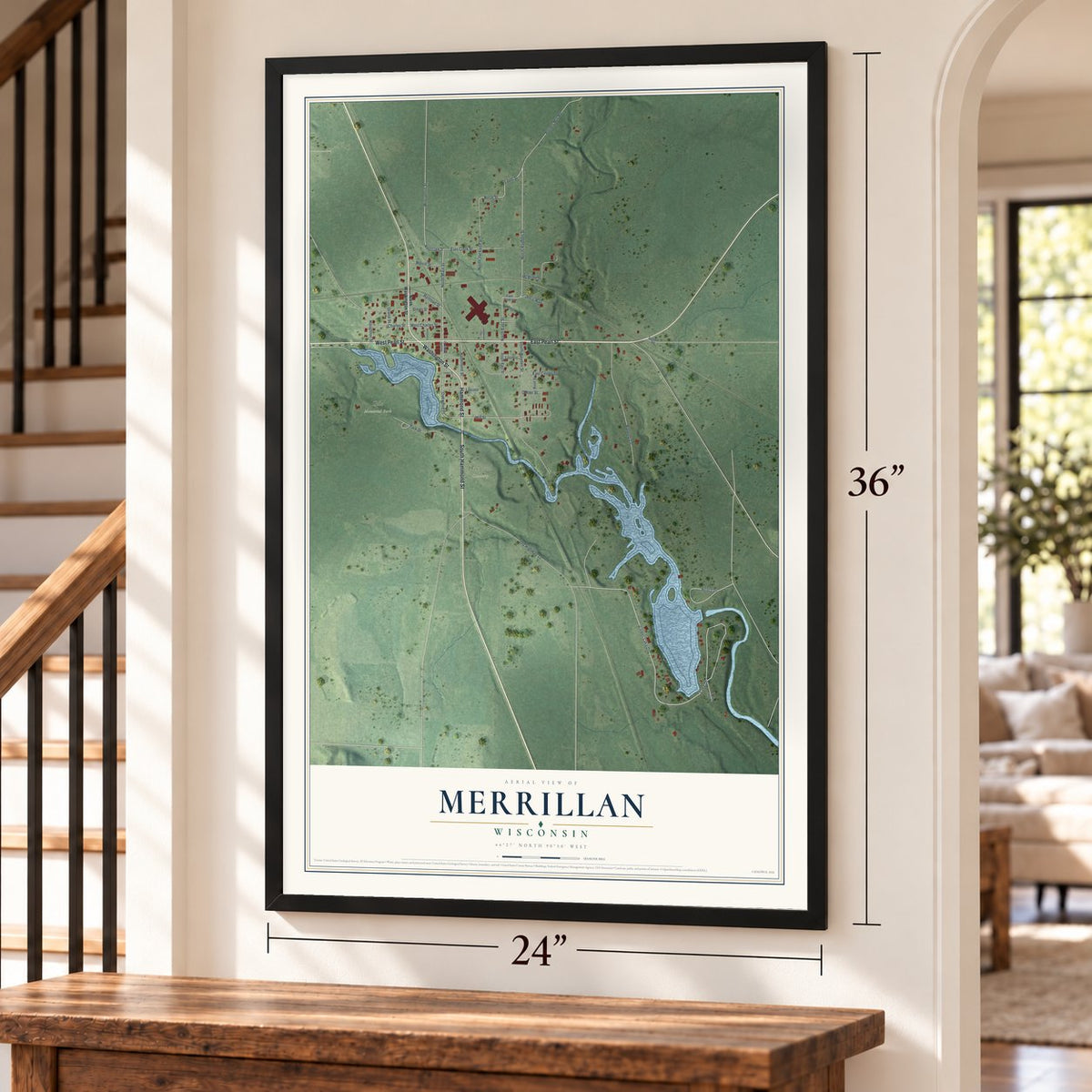 Merrillan, Wisconsin map, 24 x 36 inch print in a black frame by a staircase