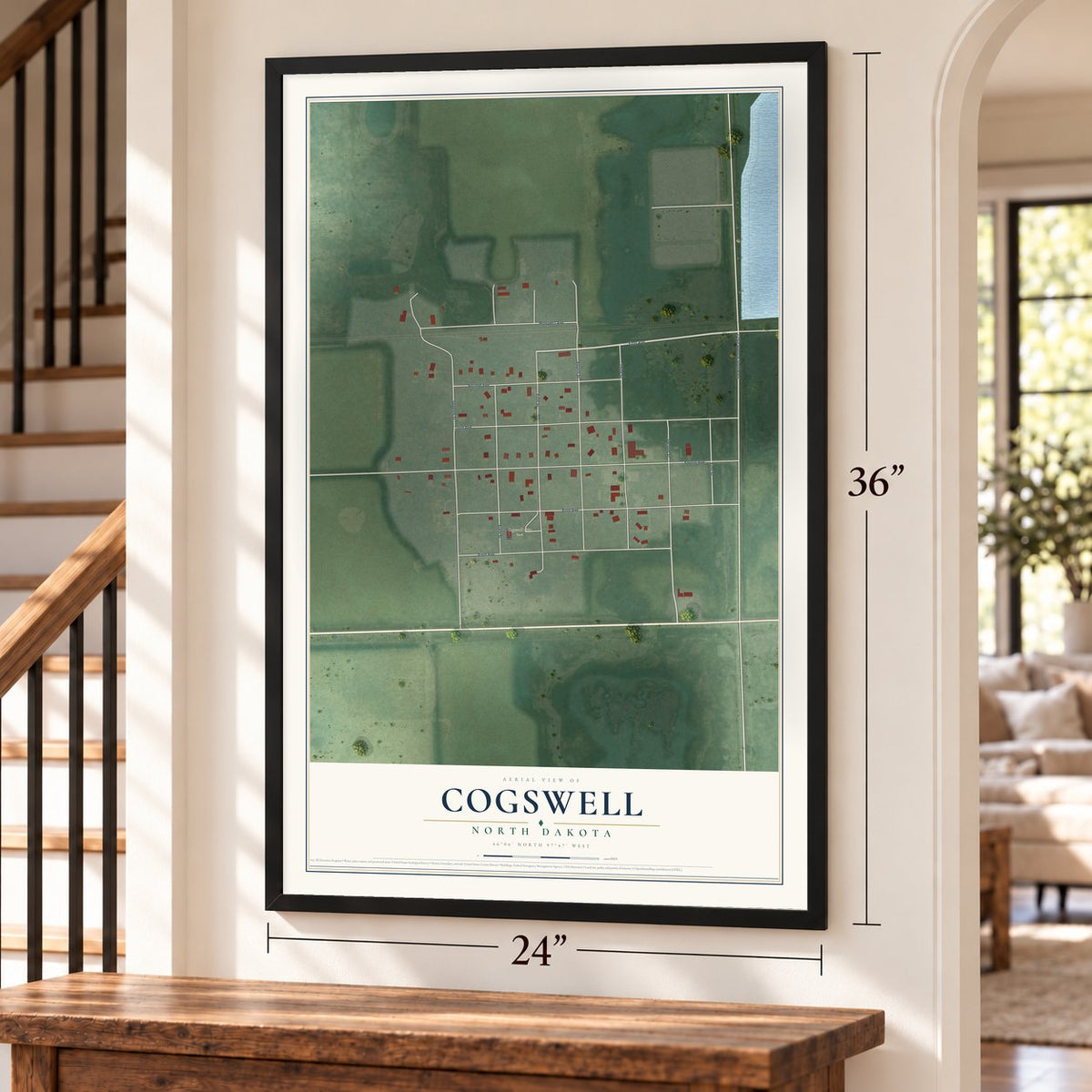 Cogswell, North Dakota map, 24 x 36 inch print in a black frame by a staircase