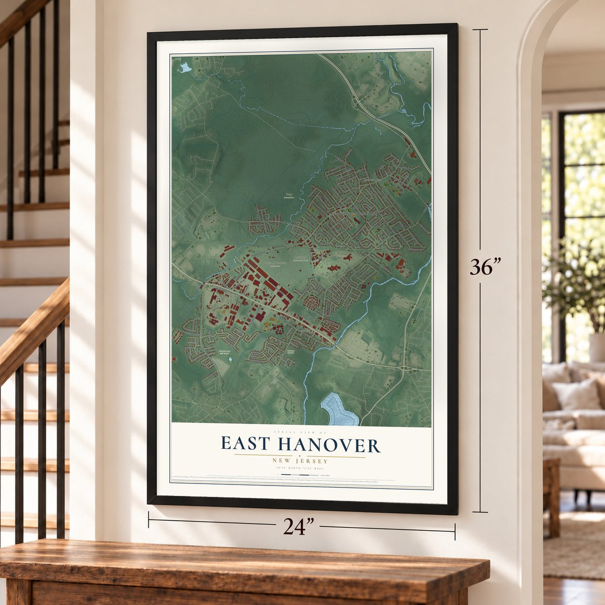 East Hanover, New Jersey map, 24 x 36 inch print in a black frame by a staircase