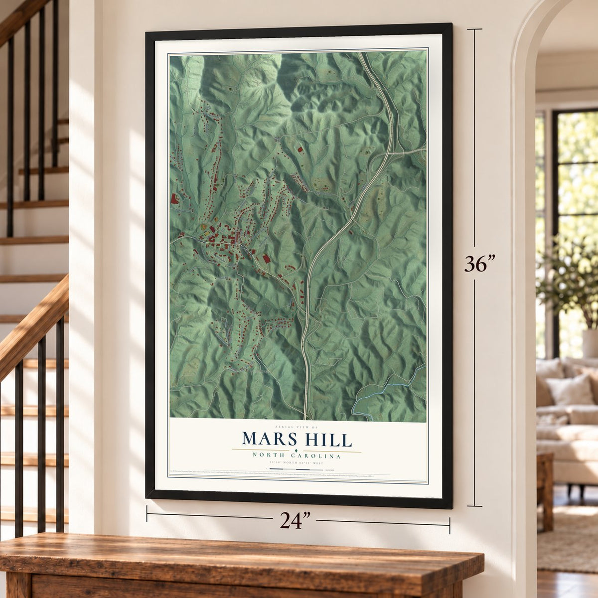 Mars Hill, North Carolina map, 24 x 36 inch print in a black frame by a staircase