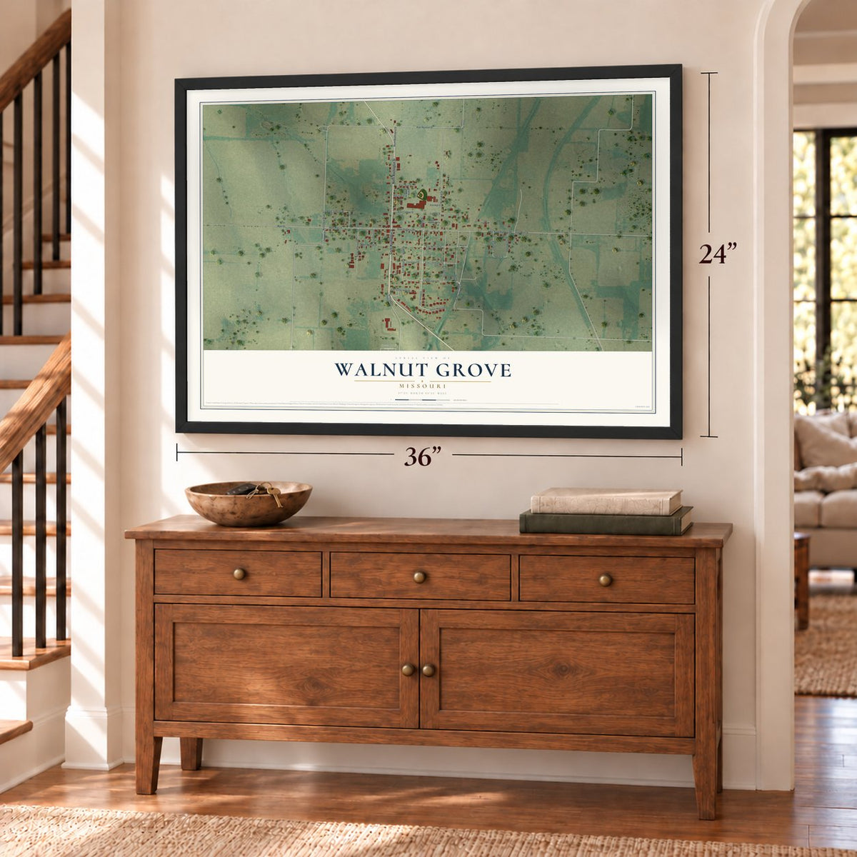 Walnut Grove, Missouri map, 24 x 36 inch print in a black frame above a dresser by a staircase