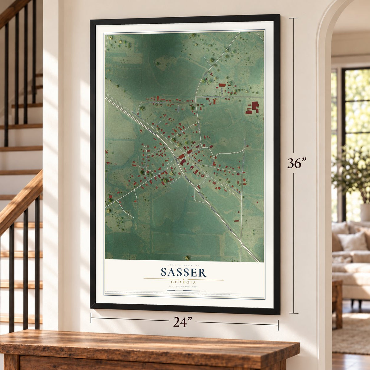 Sasser, Georgia map, 24 x 36 inch print in a black frame by a staircase