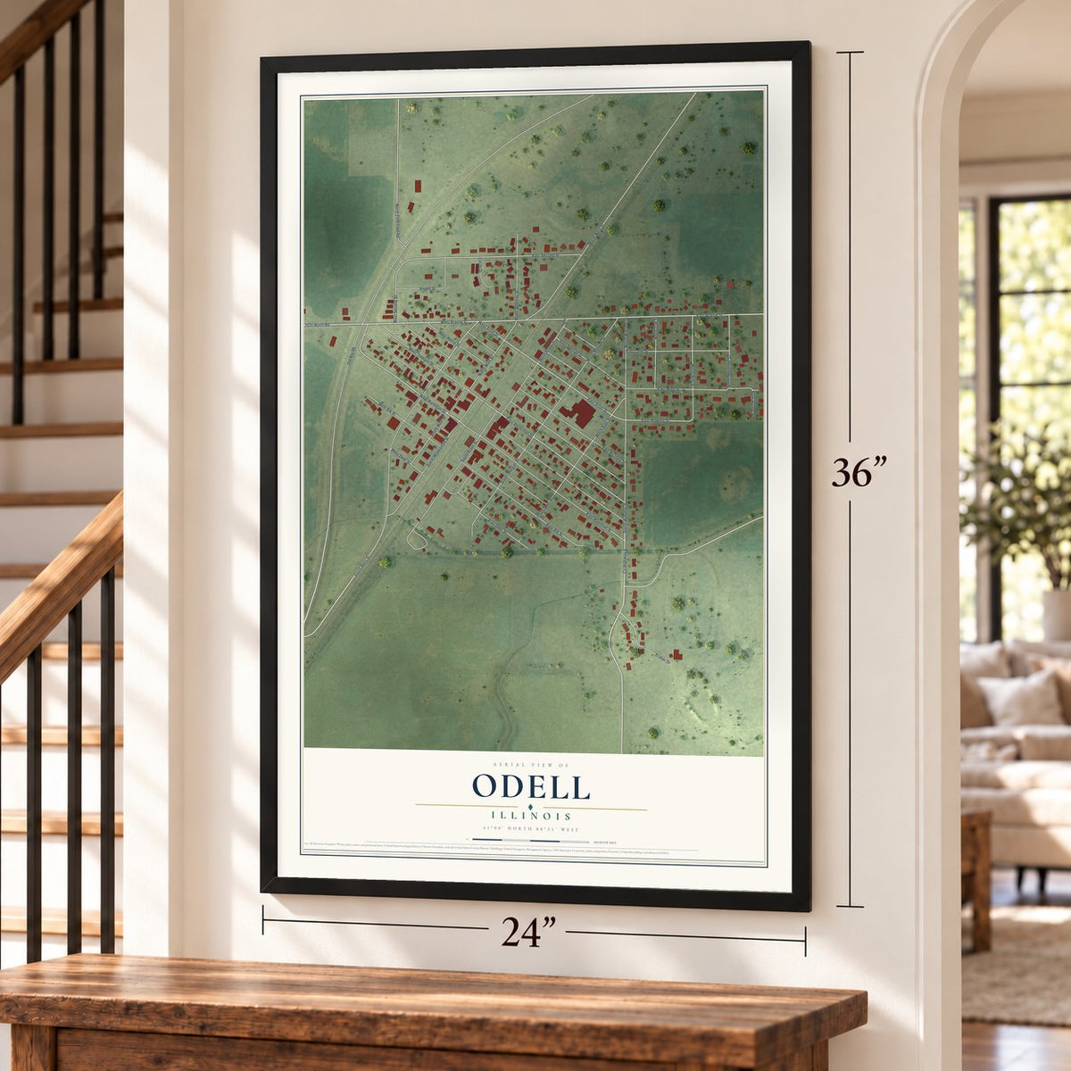 Odell, Illinois map, 24 x 36 inch print in a black frame by a staircase