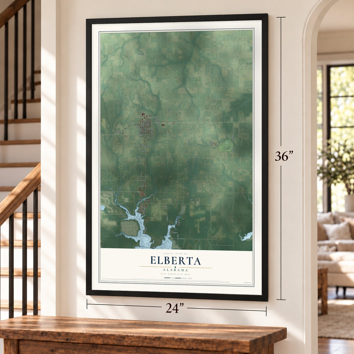Elberta, Alabama map, 24 x 36 inch print in a black frame by a staircase
