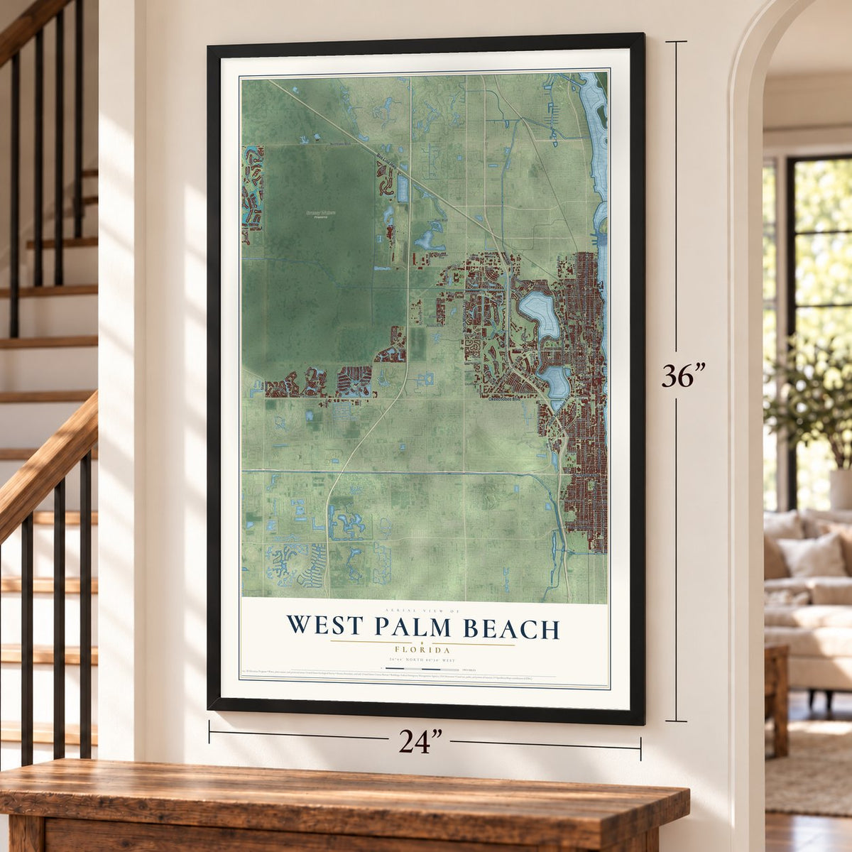 West Palm Beach, Florida map, 24 x 36 inch print in a black frame by a staircase