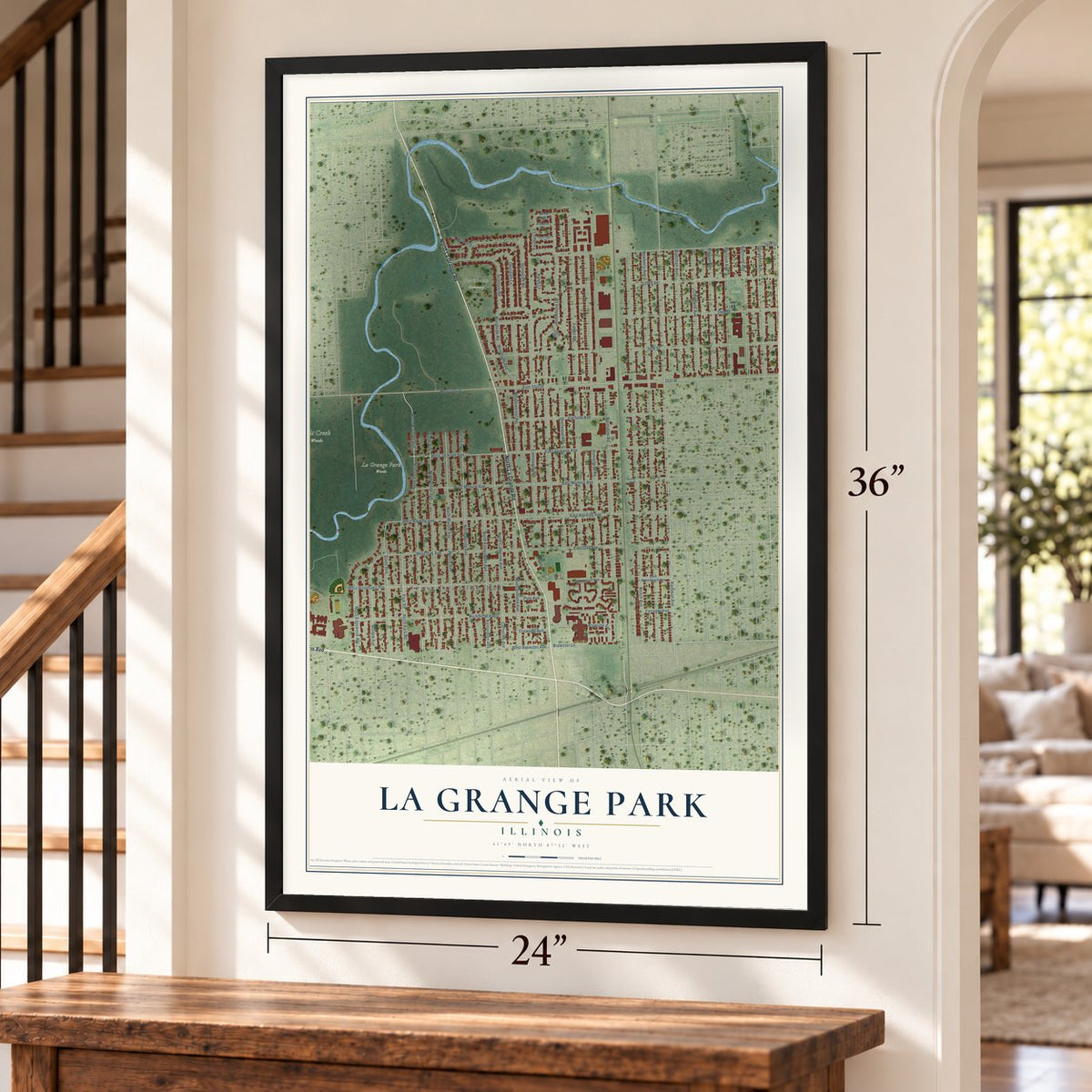La Grange Park, Illinois map, 24 x 36 inch print in a black frame by a staircase