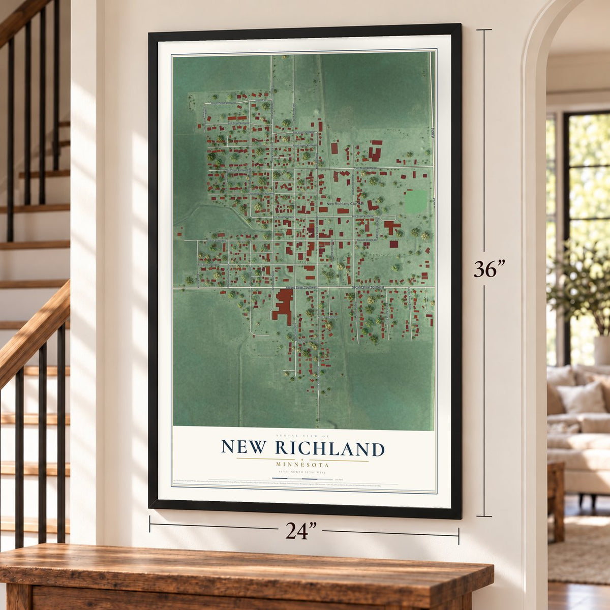 New Richland, Minnesota map, 24 x 36 inch print in a black frame by a staircase