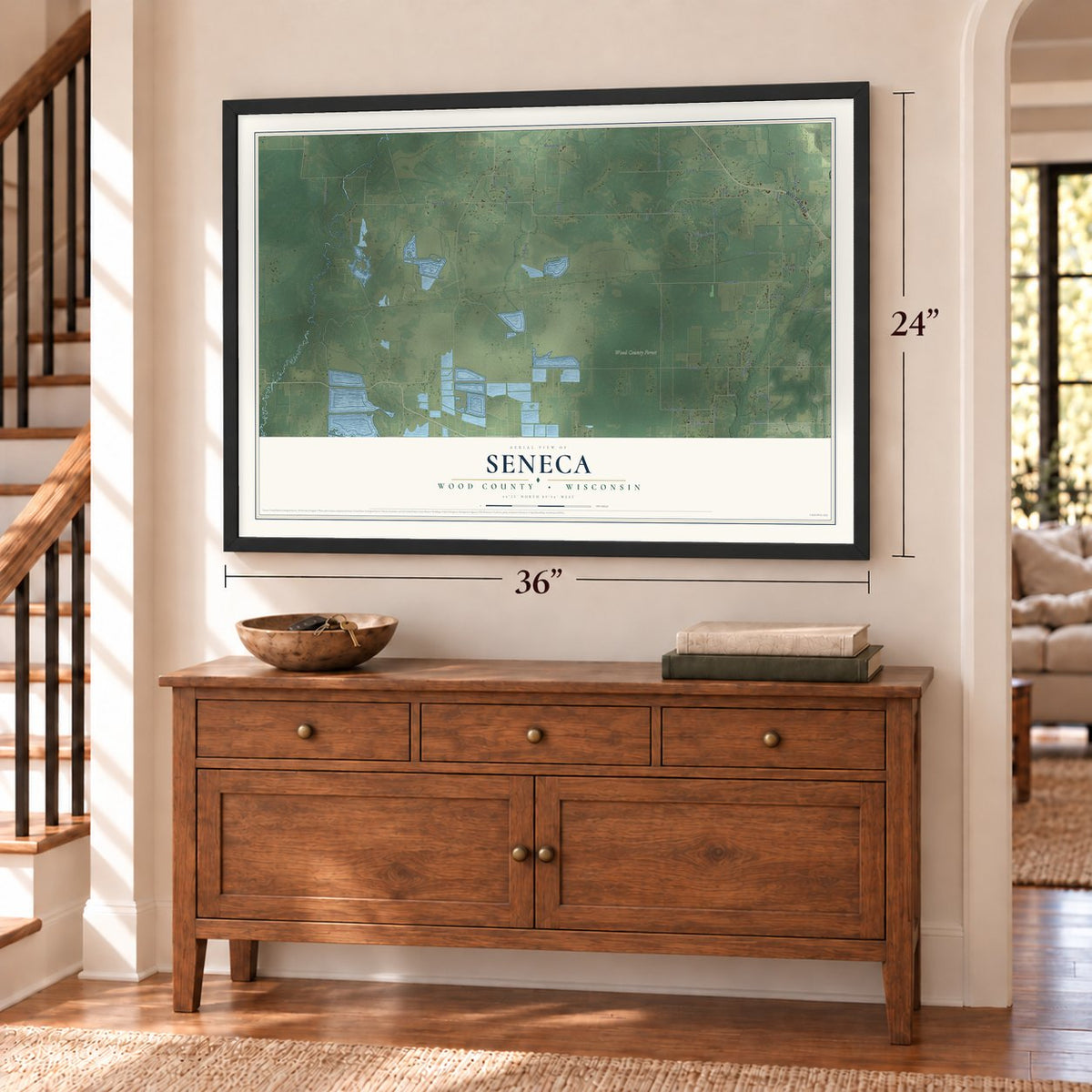 Seneca, Wood County, Wisconsin map, 24 x 36 inch print in a black frame above a dresser by a staircase