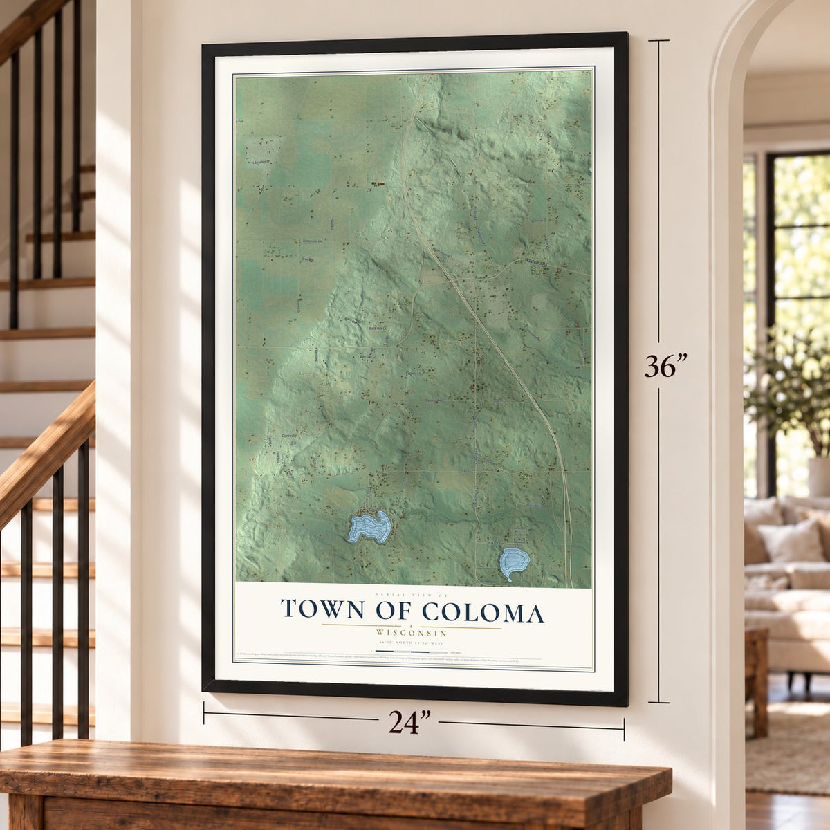 Town of Coloma, Wisconsin map, 24 x 36 inch print in a black frame by a staircase