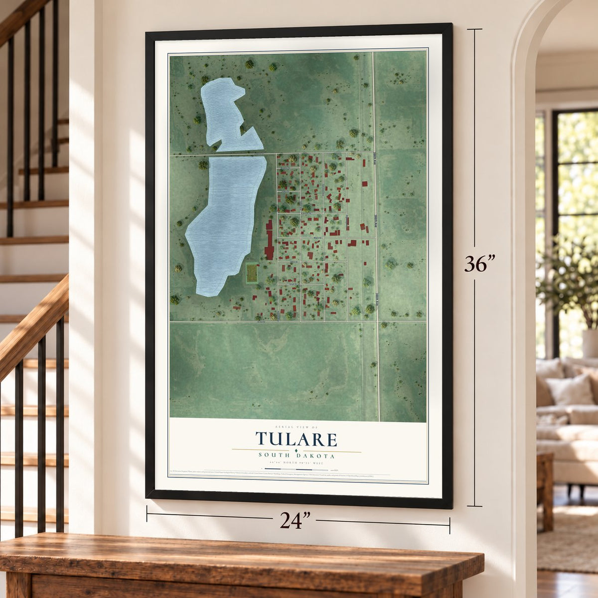 Tulare, South Dakota map, 24 x 36 inch print in a black frame by a staircase
