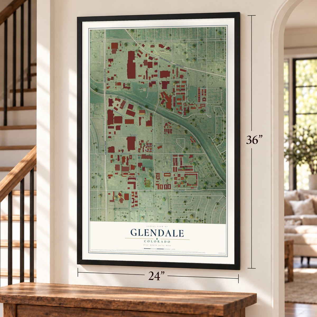 Glendale, Colorado map, 24 x 36 inch print in a black frame by a staircase