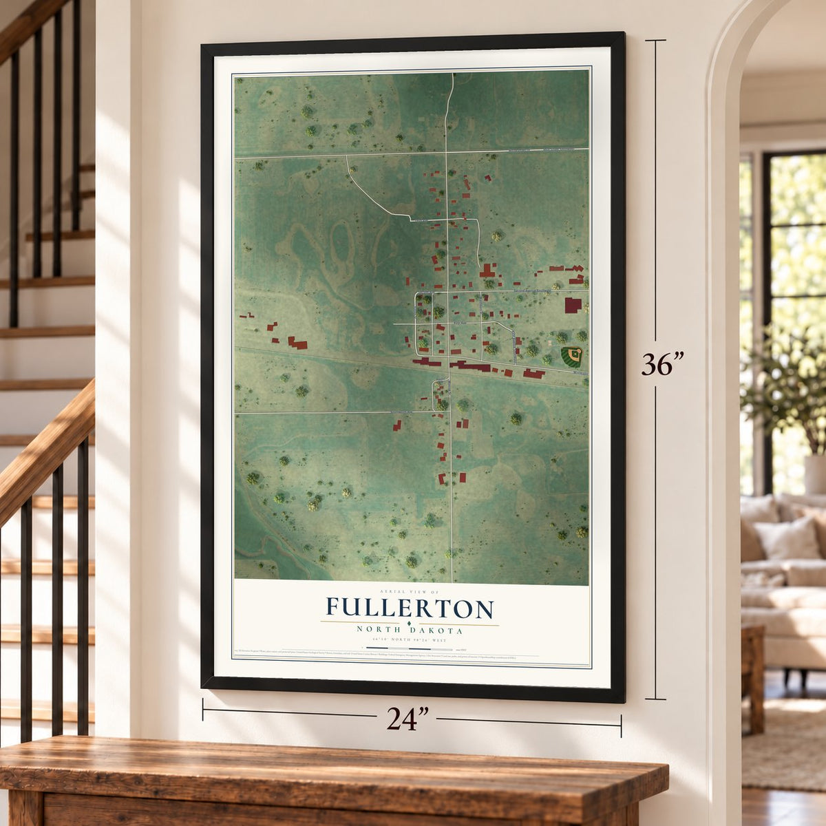 Fullerton, North Dakota map, 24 x 36 inch print in a black frame by a staircase