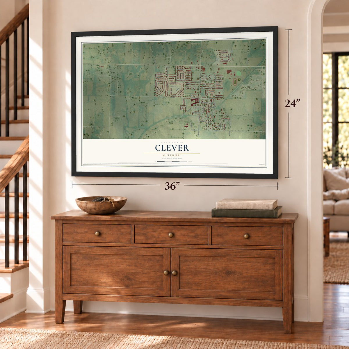 Clever, Missouri map, 24 x 36 inch print in a black frame above a dresser by a staircase