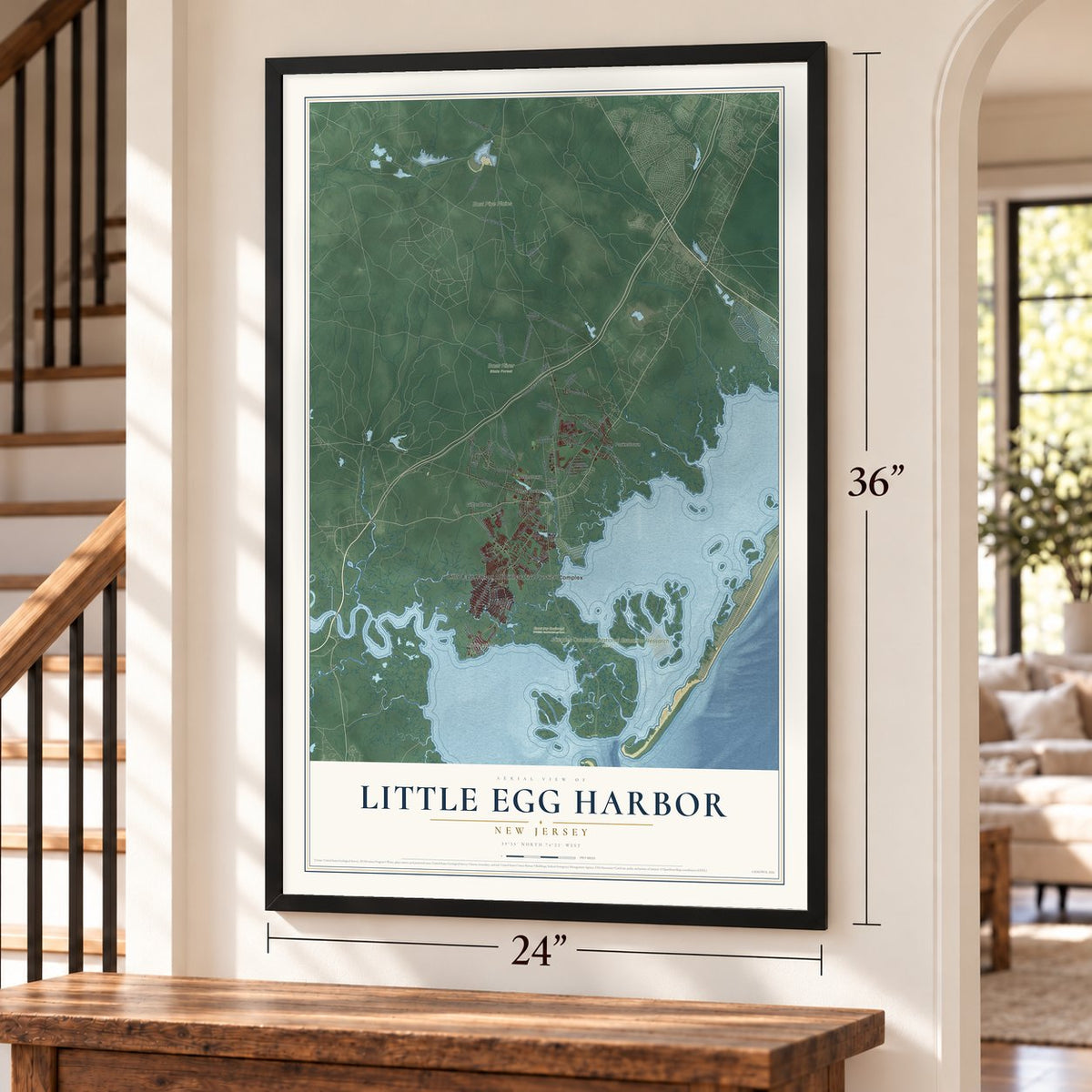 Little Egg Harbor, New Jersey map, 24 x 36 inch print in a black frame by a staircase