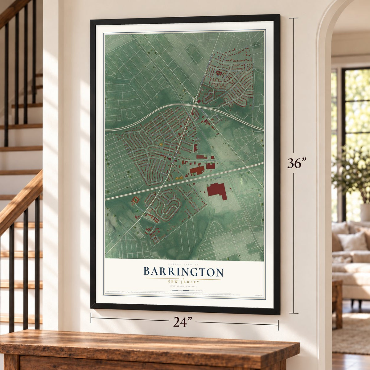 Barrington, New Jersey map, 24 x 36 inch print in a black frame by a staircase