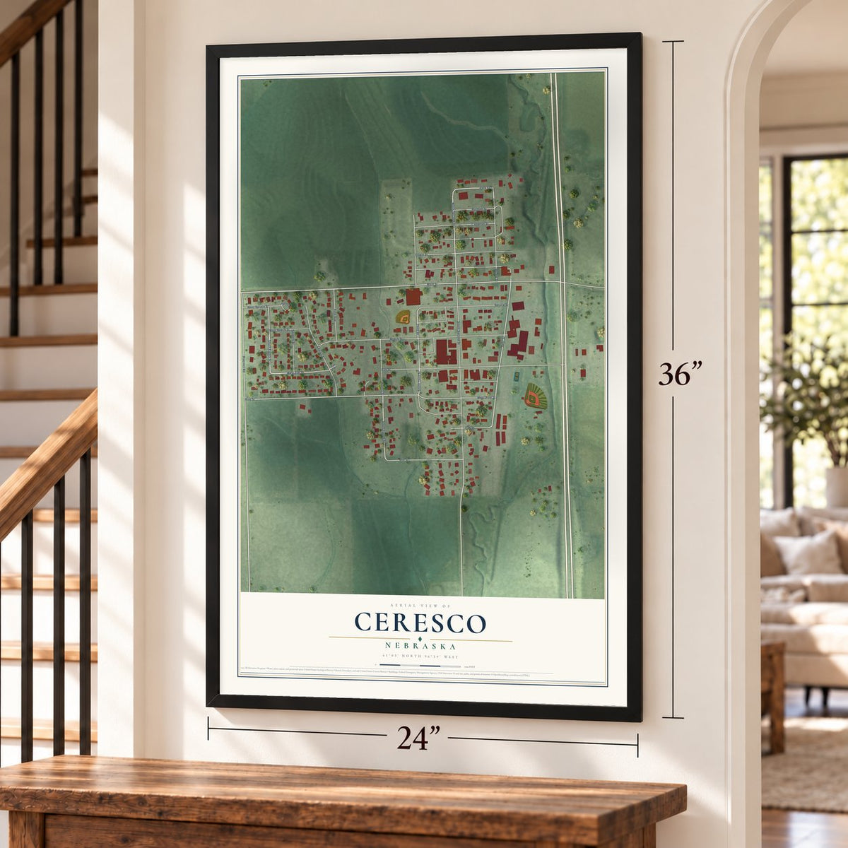 Ceresco, Nebraska map, 24 x 36 inch print in a black frame by a staircase
