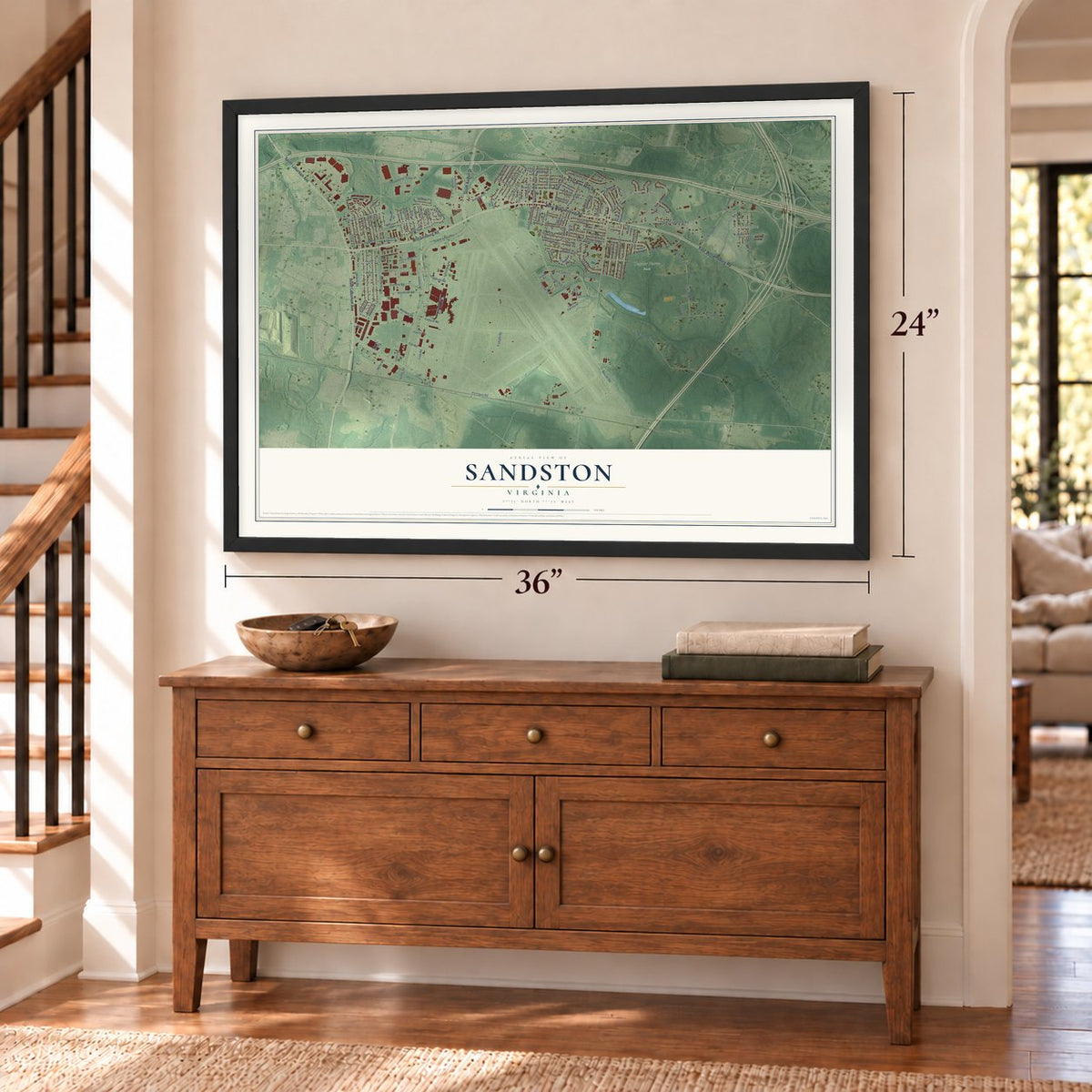 Sandston, Virginia map, 24 x 36 inch print in a black frame above a dresser by a staircase