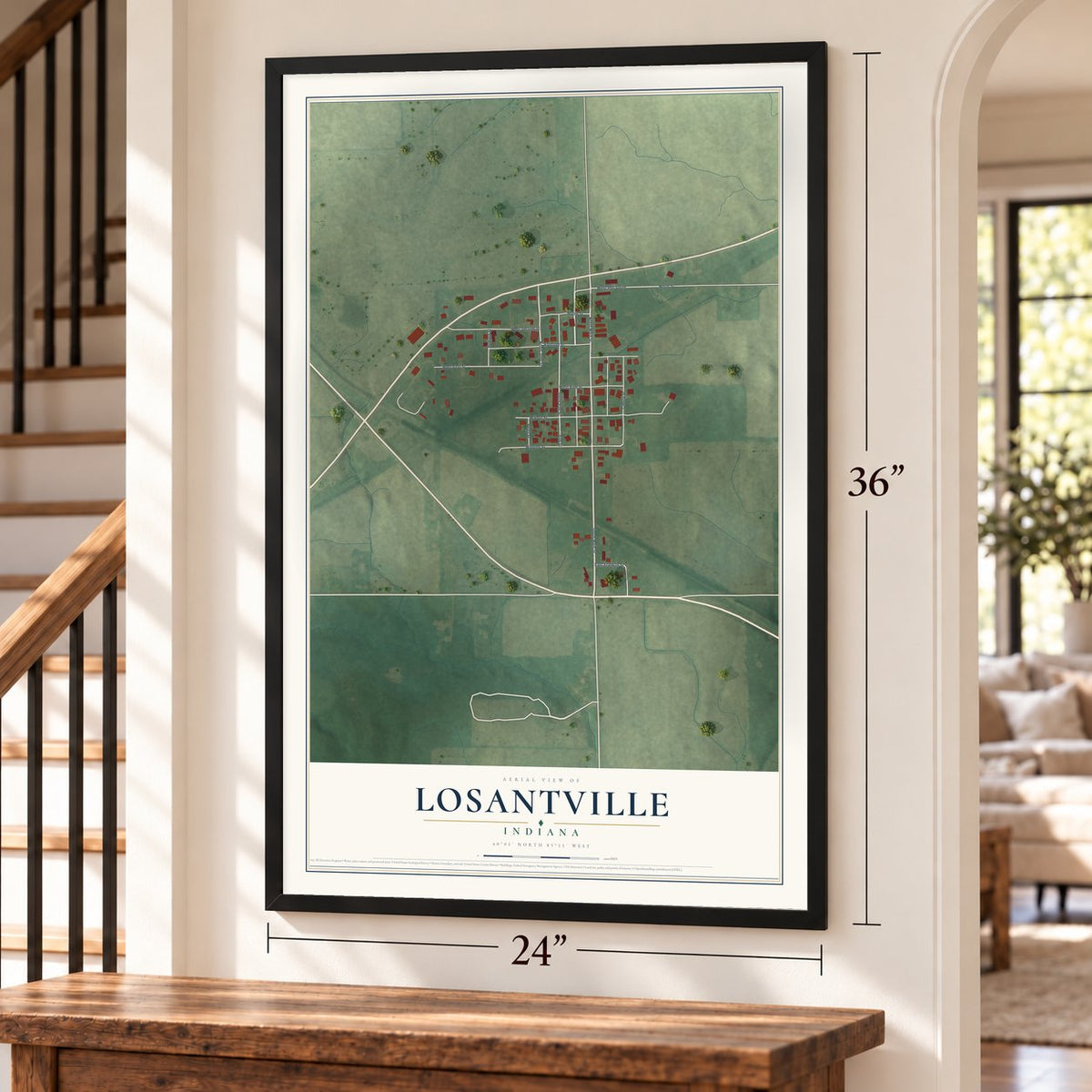 Losantville, Indiana map, 24 x 36 inch print in a black frame by a staircase