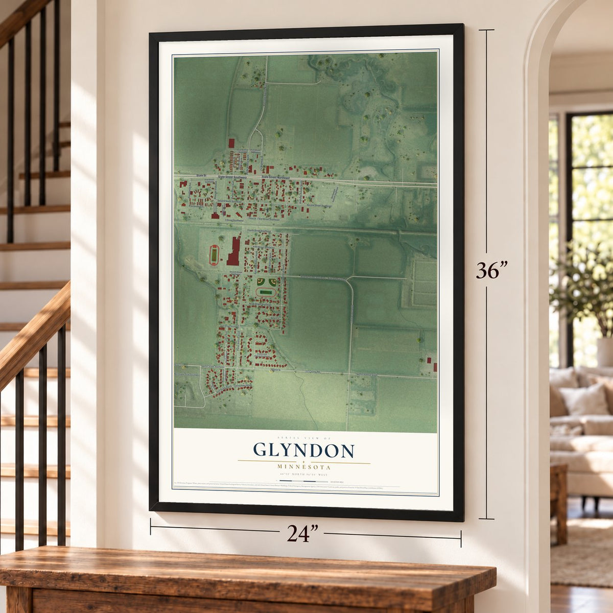 Glyndon, Minnesota map, 24 x 36 inch print in a black frame by a staircase