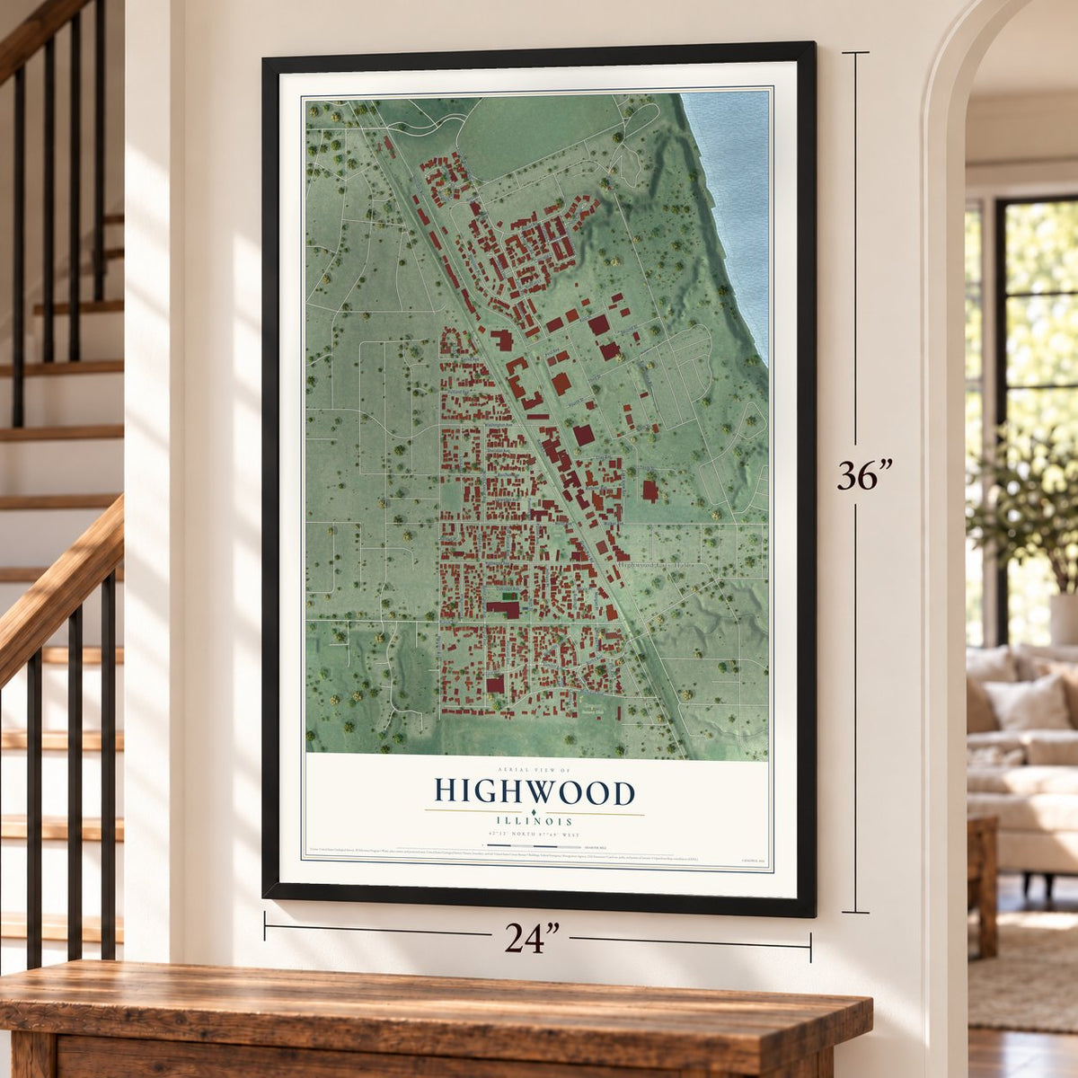 Highwood, Illinois map, 24 x 36 inch print in a black frame by a staircase