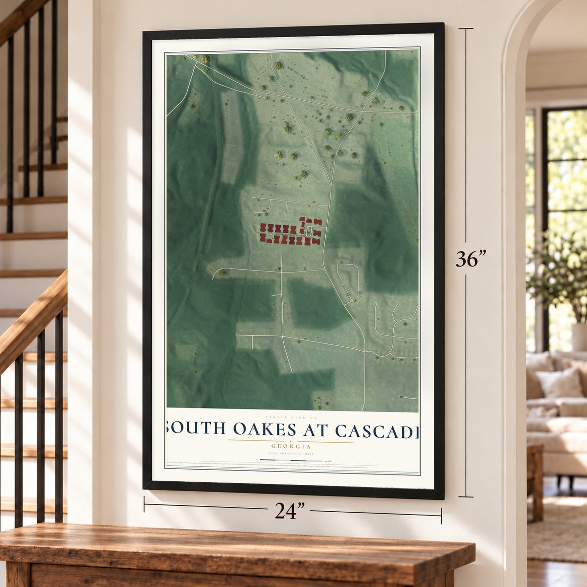 South Oakes at Cascade, Georgia map, 24 x 36 inch print in a black frame by a staircase