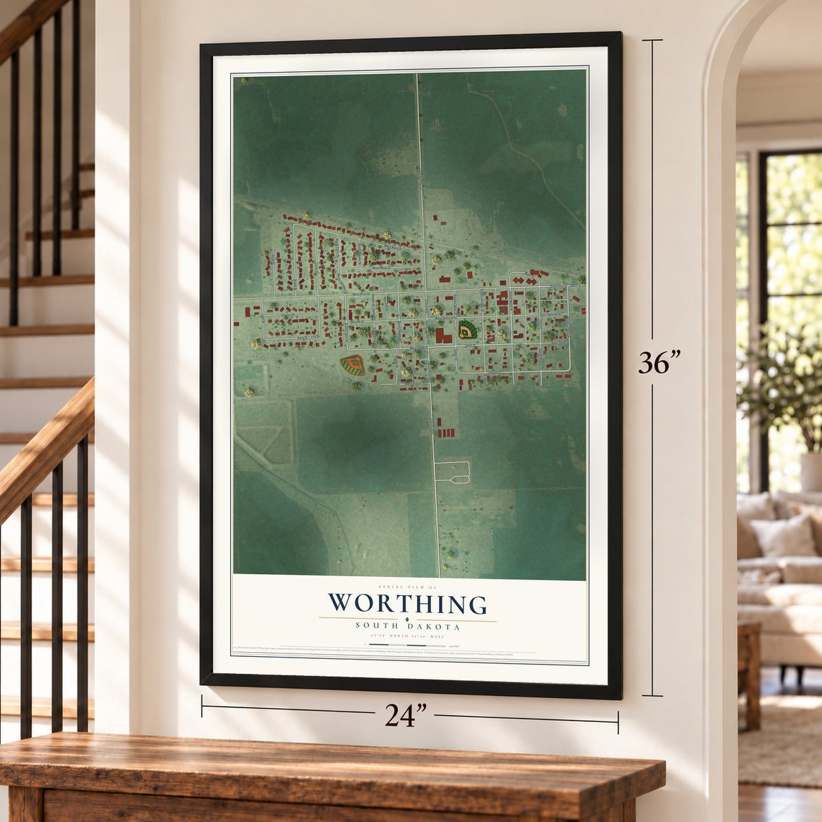 Worthing, South Dakota map, 24 x 36 inch print in a black frame by a staircase