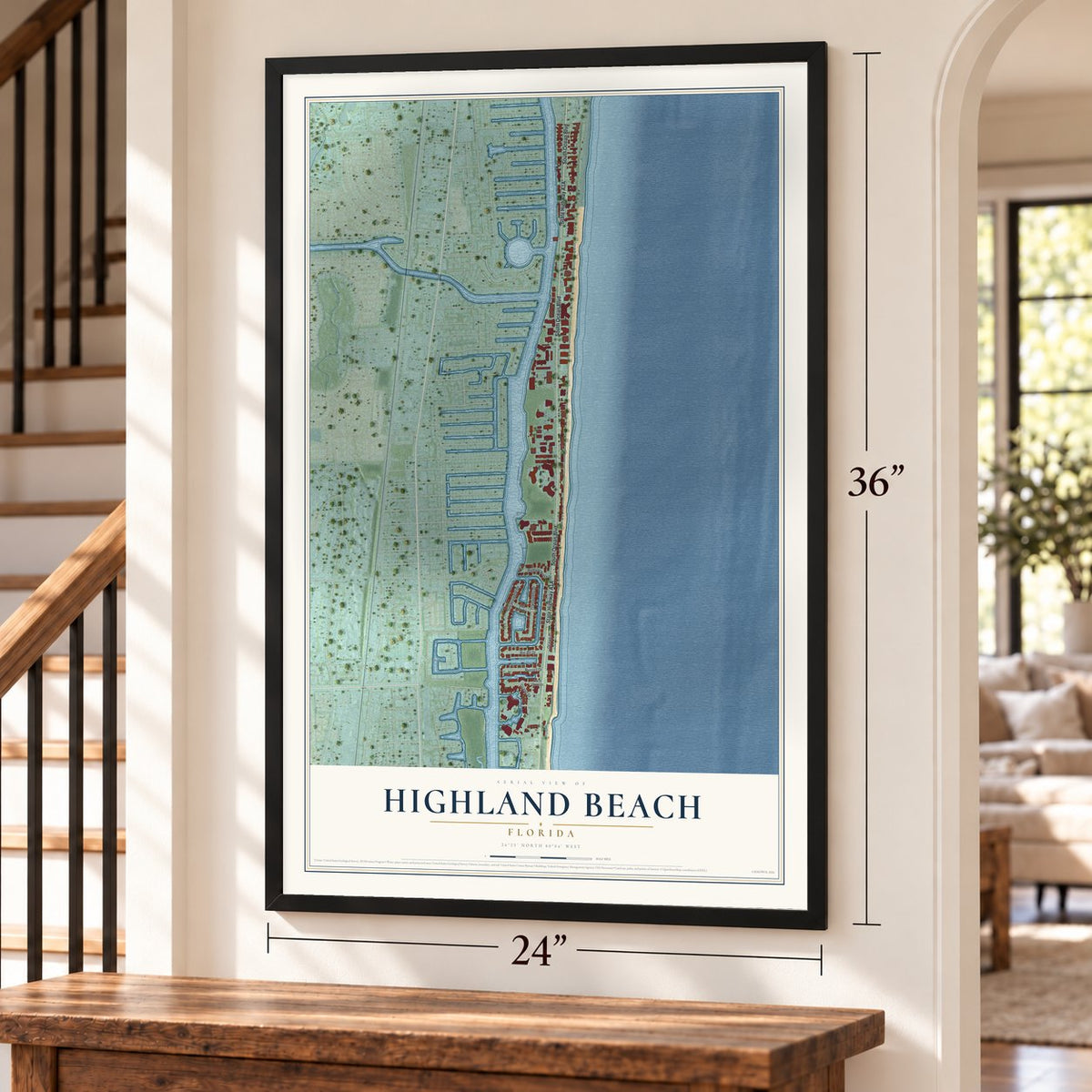 Highland Beach, Florida map, 24 x 36 inch print in a black frame by a staircase