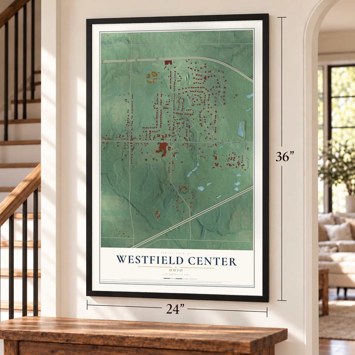 Westfield Center, Ohio map, 24 x 36 inch print in a black frame by a staircase