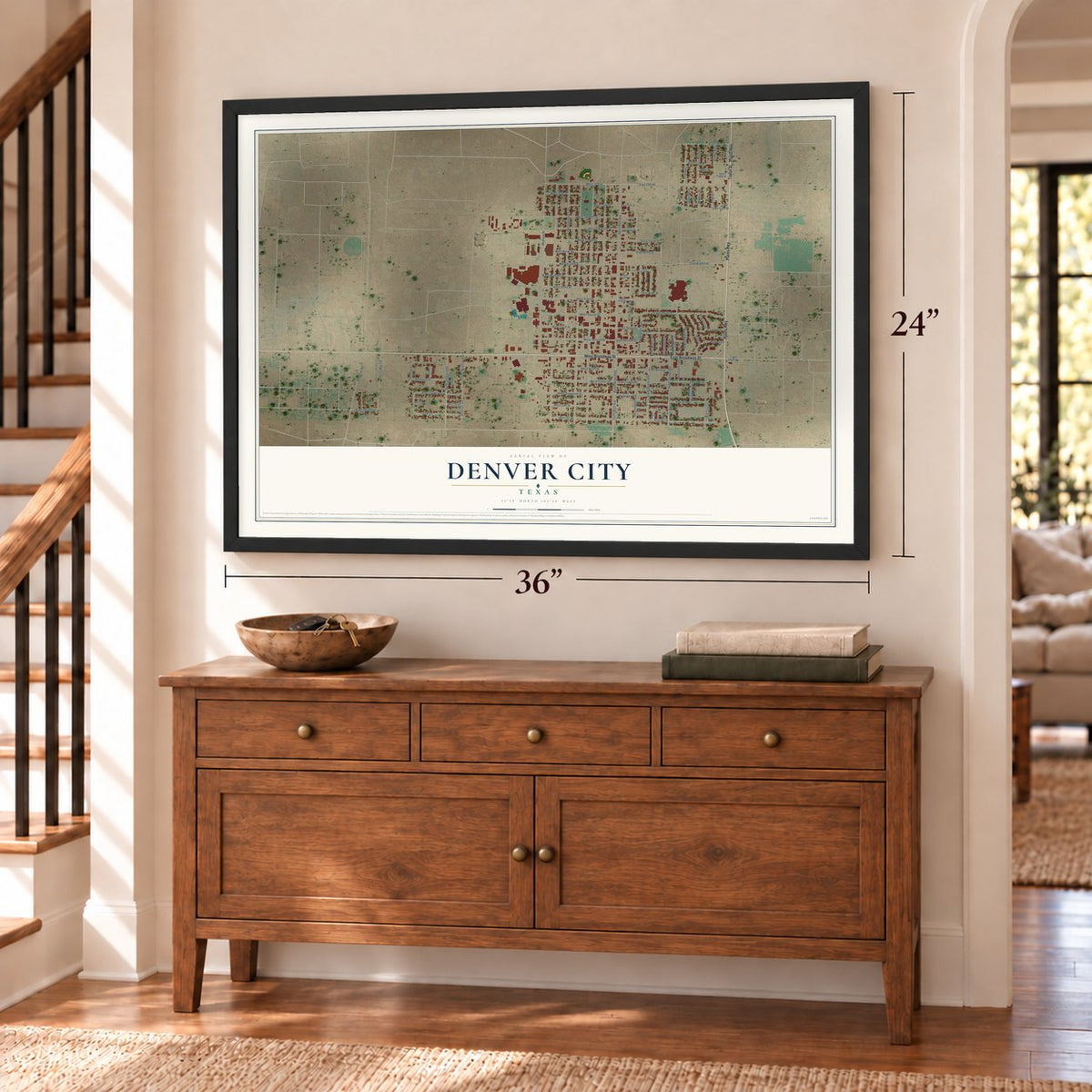 Denver City, Texas map, 24 x 36 inch print in a black frame above a dresser by a staircase