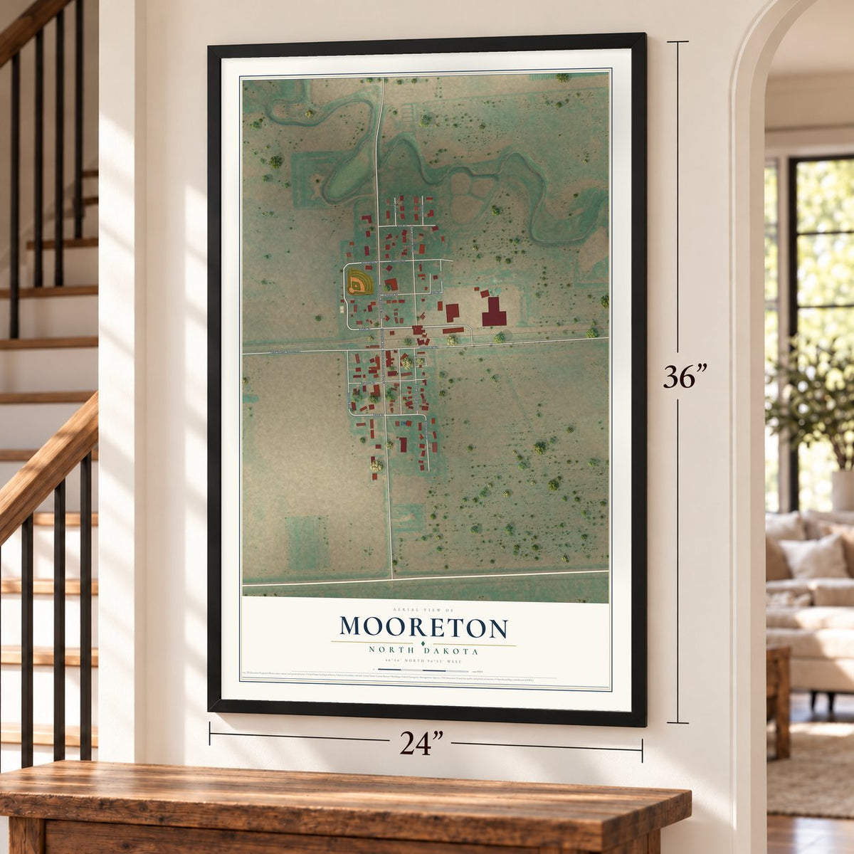 Mooreton, North Dakota map, 24 x 36 inch print in a black frame by a staircase