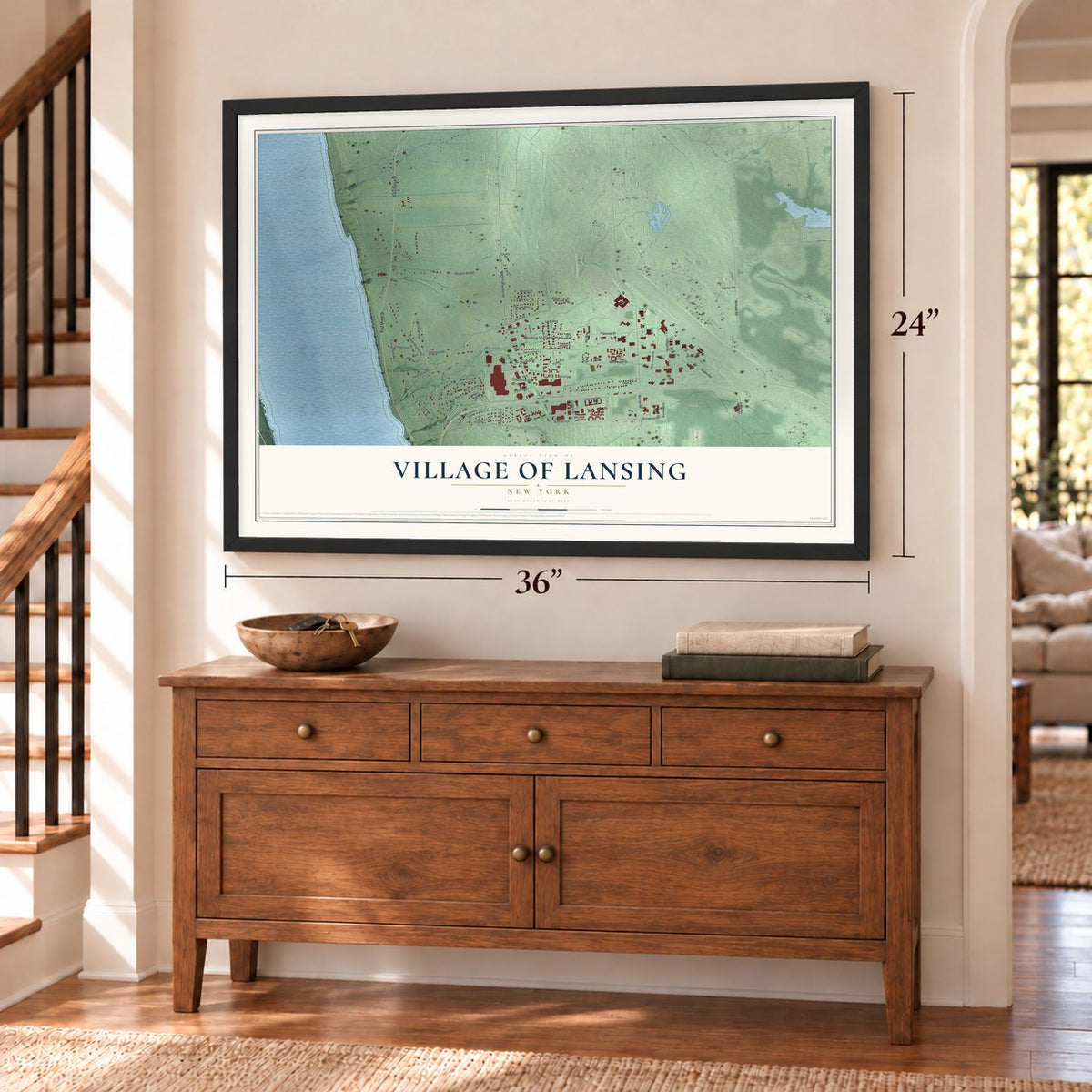 Village of Lansing, New York map, 24 x 36 inch print in a black frame above a dresser by a staircase