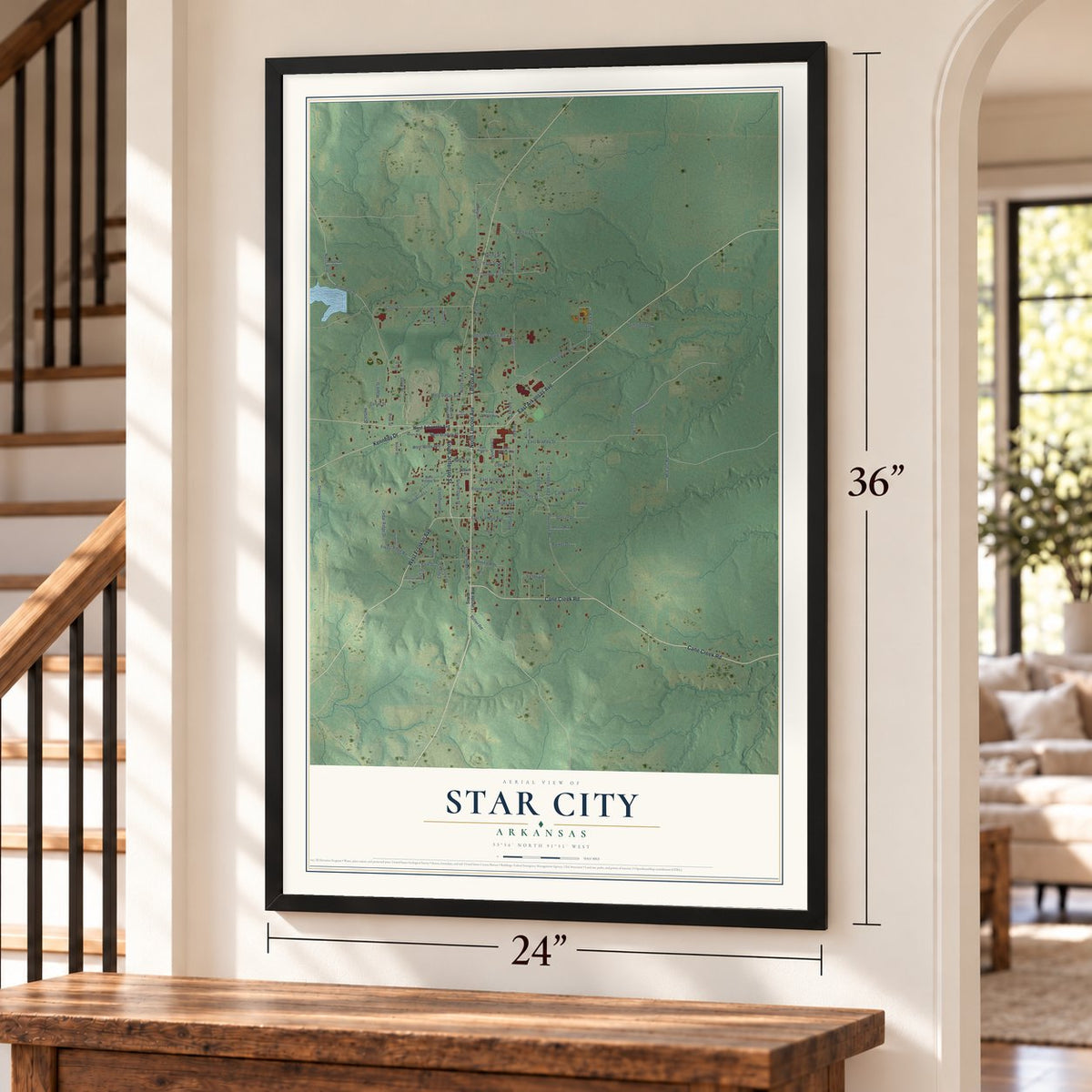 Star City, Arkansas map, 24 x 36 inch print in a black frame by a staircase
