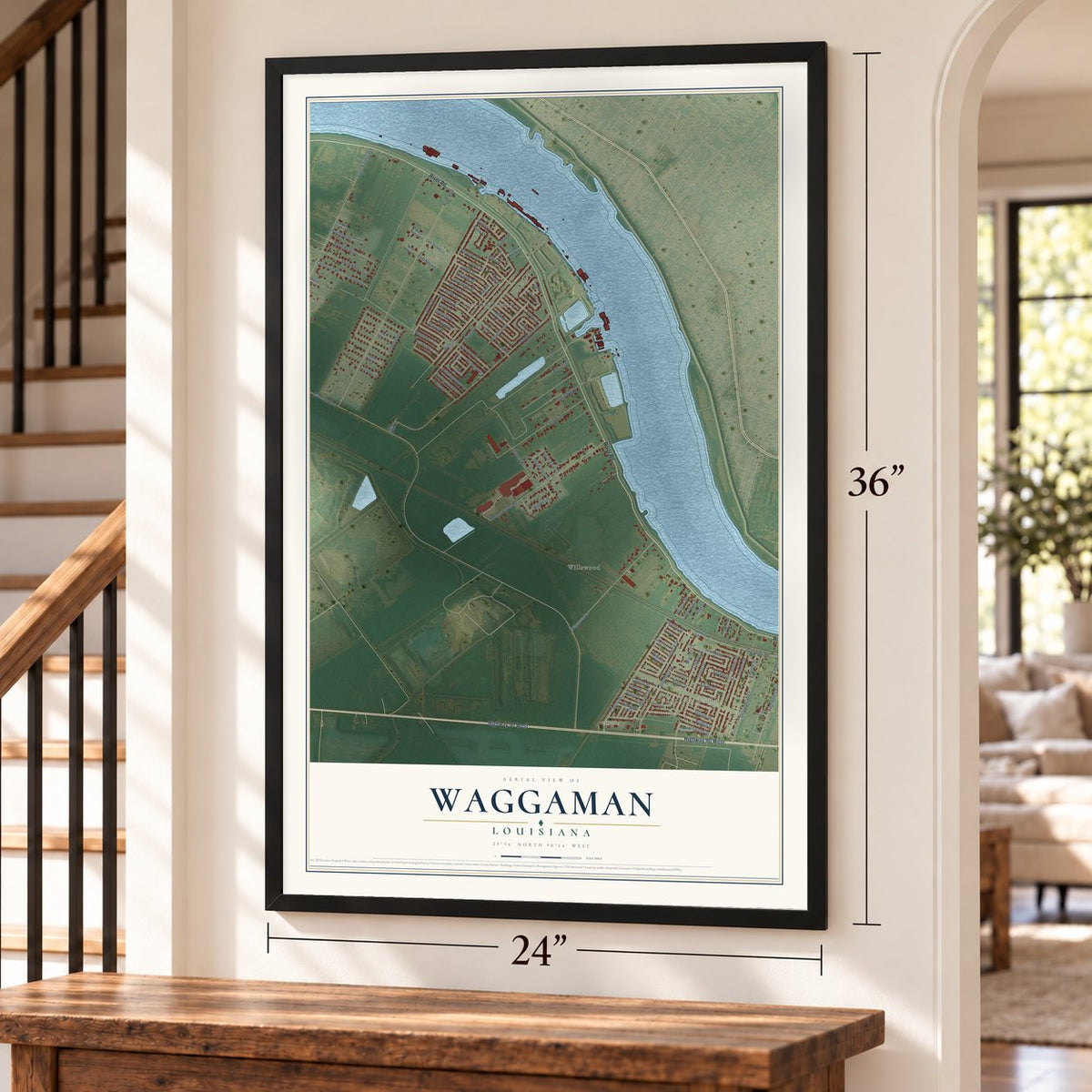 Waggaman, Louisiana map, 24 x 36 inch print in a black frame by a staircase
