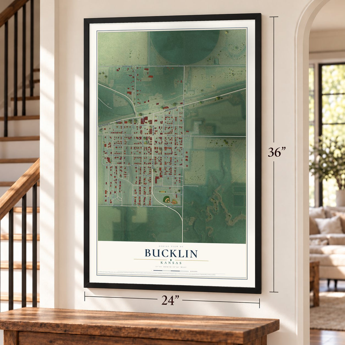 Bucklin, Kansas map, 24 x 36 inch print in a black frame by a staircase