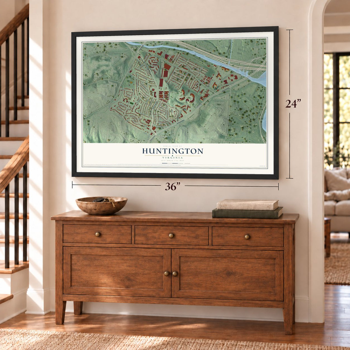 Huntington, Virginia map, 24 x 36 inch print in a black frame above a dresser by a staircase
