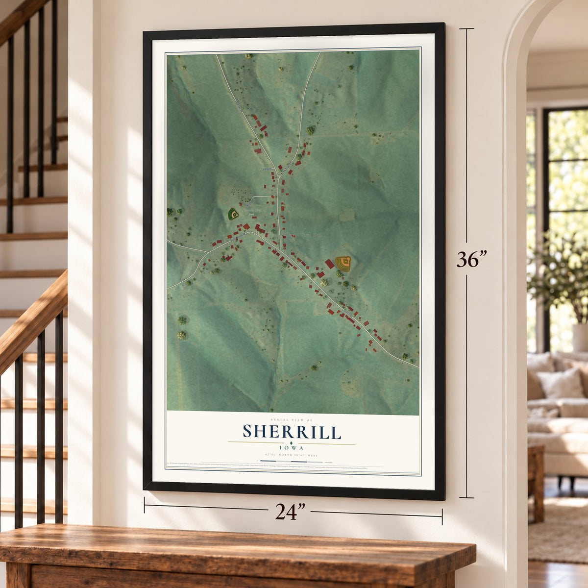 Sherrill, Iowa map, 24 x 36 inch print in a black frame by a staircase