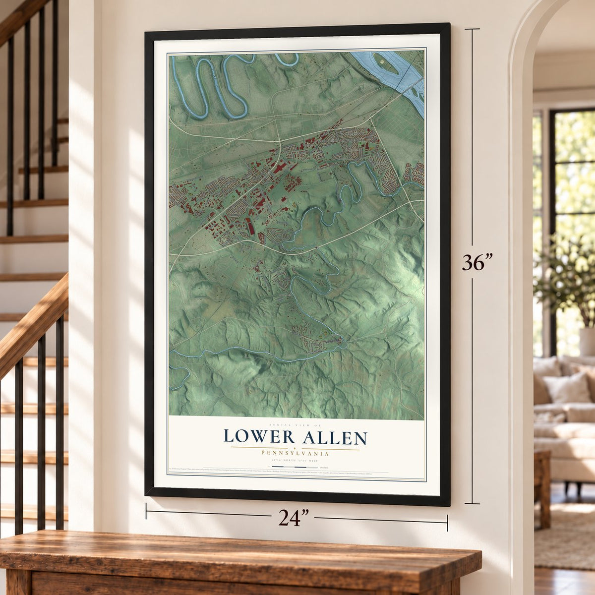 Lower Allen, Pennsylvania map, 24 x 36 inch print in a black frame by a staircase
