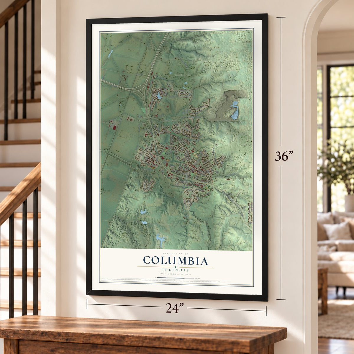 Columbia, Illinois map, 24 x 36 inch print in a black frame by a staircase