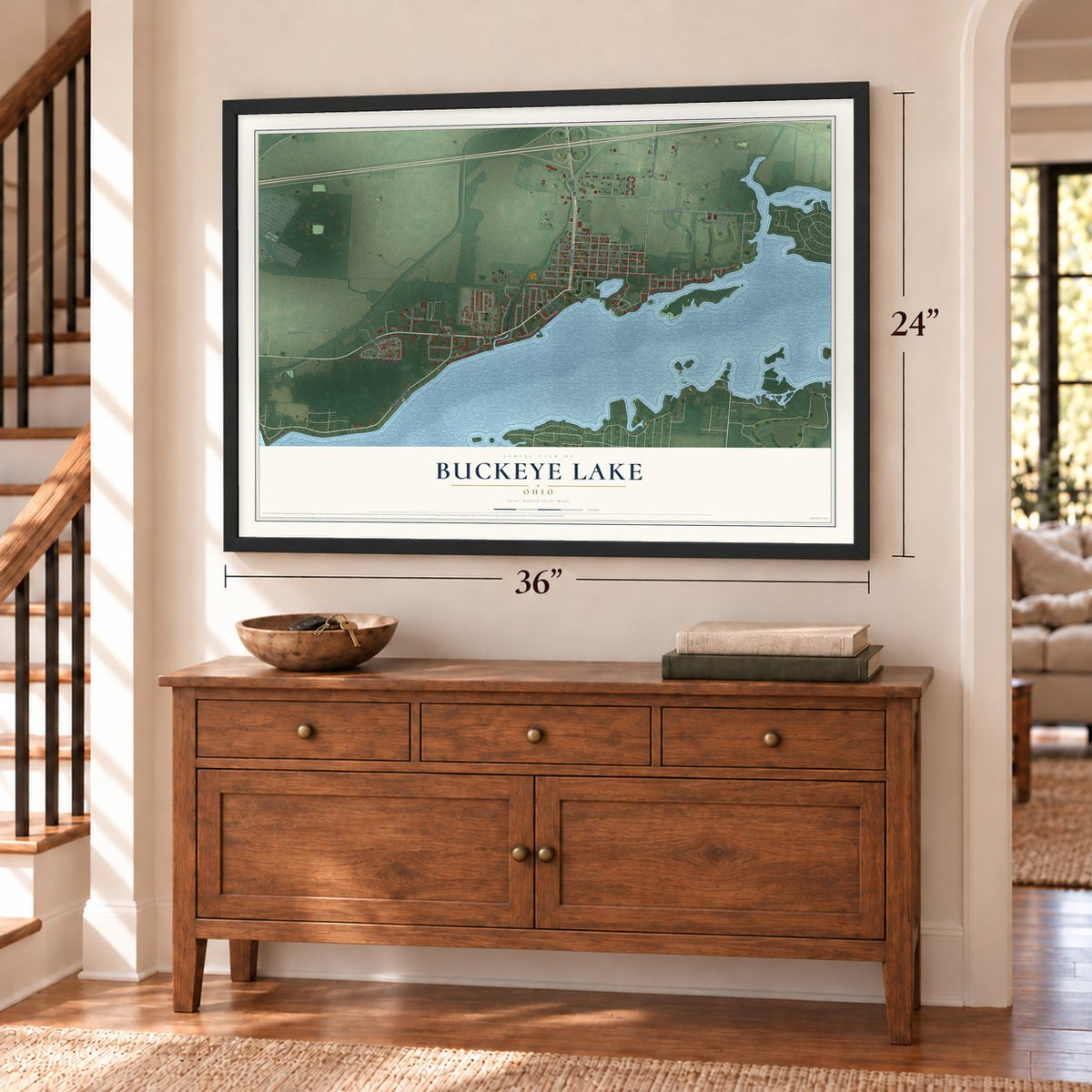 Buckeye Lake, Ohio map, 24 x 36 inch print in a black frame above a dresser by a staircase