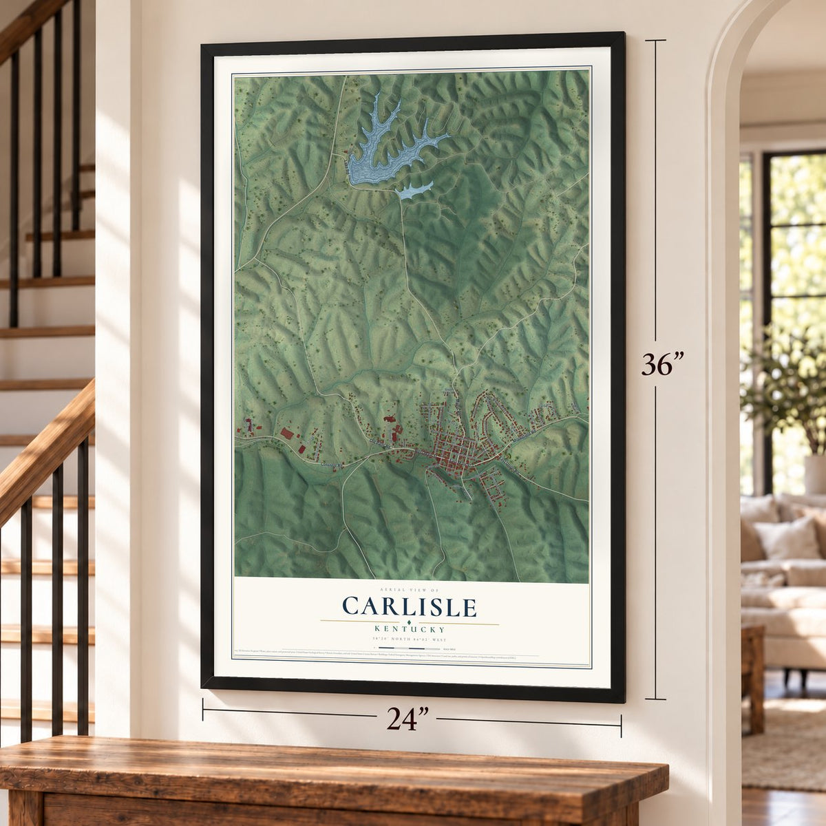 Carlisle, Kentucky map, 24 x 36 inch print in a black frame by a staircase